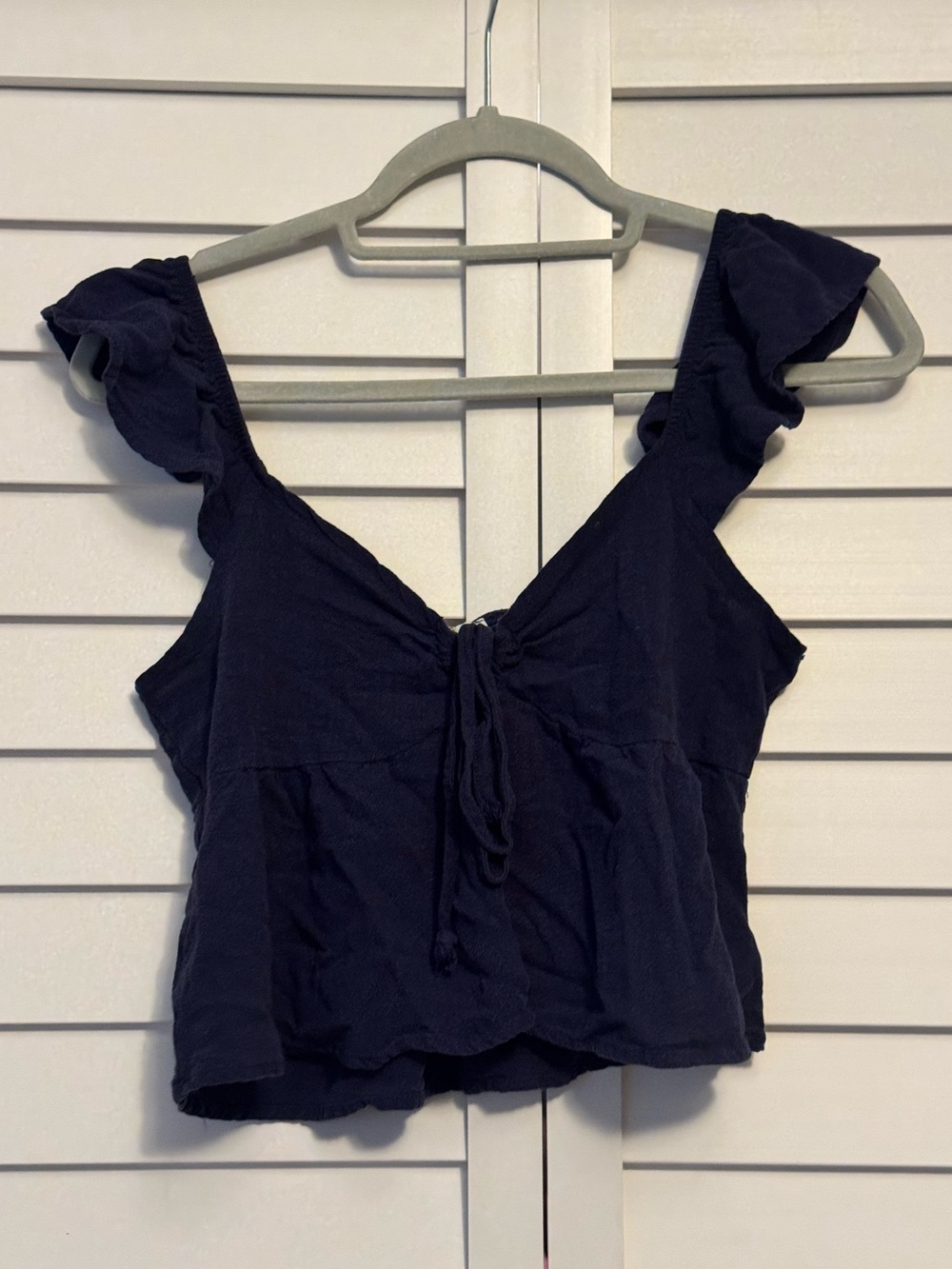La Hearts Navy Tie-Front Ruffle Strap Crop Top